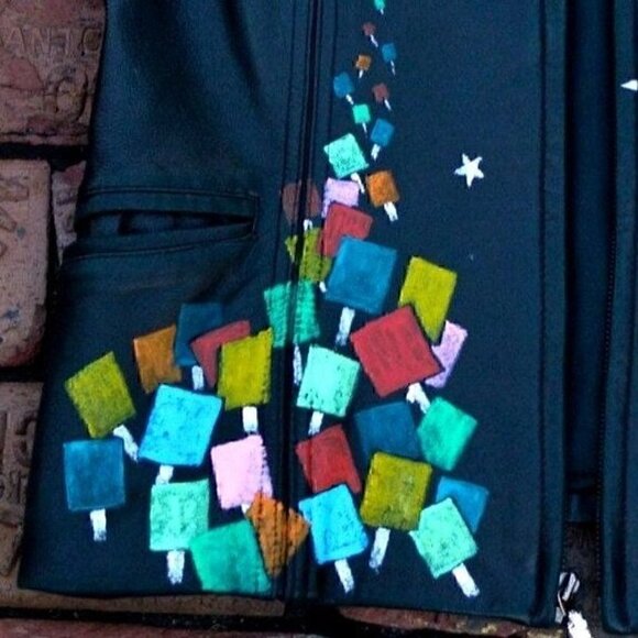 Vintage black leather, hip-length zip up jacket, hand painted retro, rose sz M - Picture 5 of 10